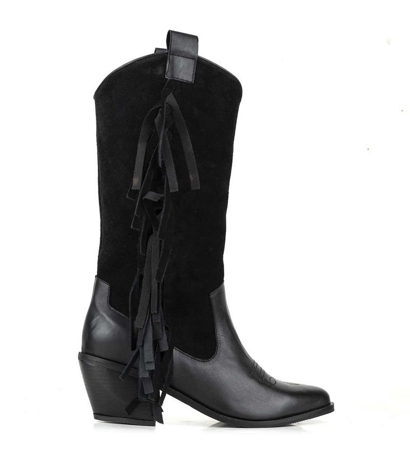 Botas texanas en cuero y gamuza negro con flecos