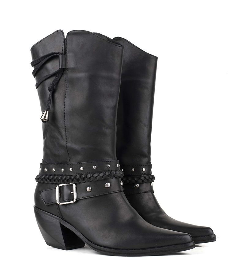 Botas texanas de cuero negro con detalles de tiras y taco medio