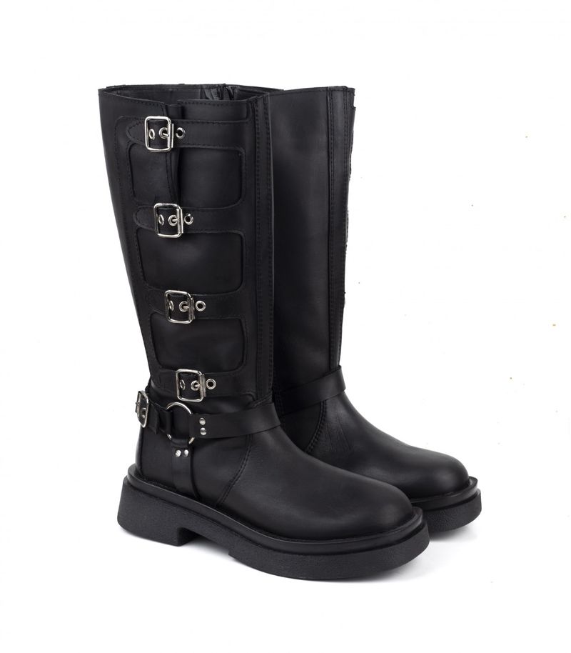 Botas altas moteras de cuero negro