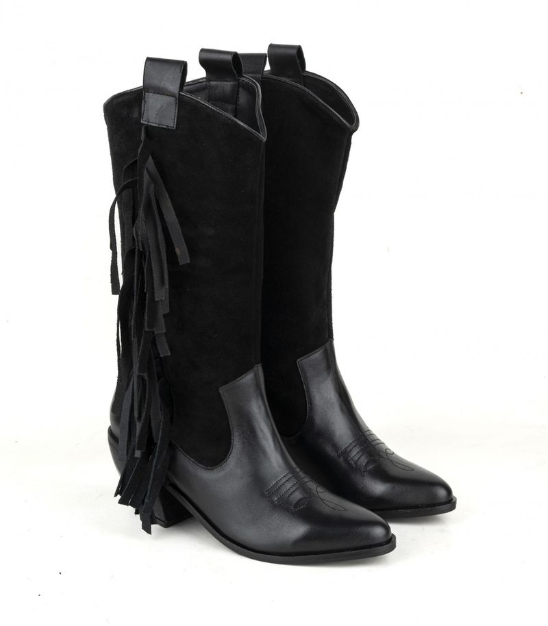 Botas texanas en cuero y gamuza negro con flecos